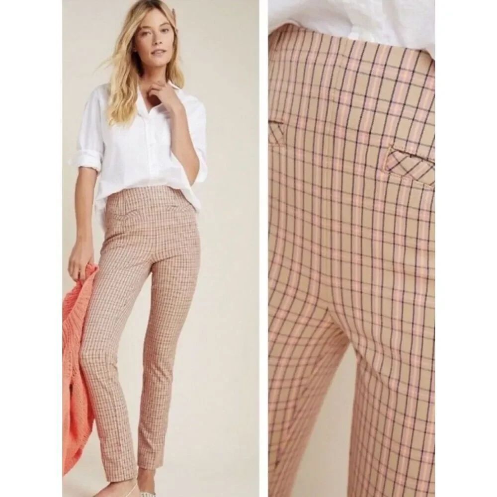 ANTHROPOLOGIE The Essential Slim Pants Plaid Pink Tan Women’s Size 2